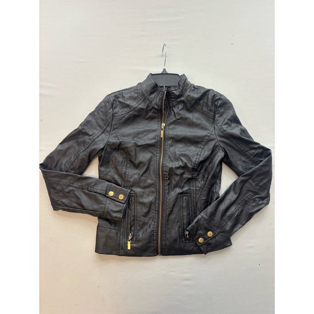 New Look Womens Black Faux Leather Moto Jacket Gold Hardware Cafe Racer Small